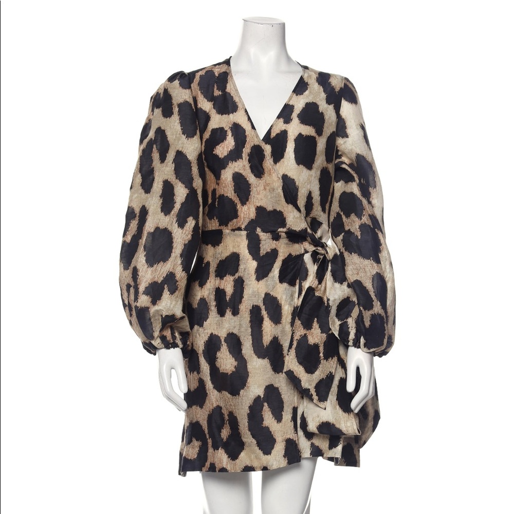 Ganni Leopard Linen Wrap Mini Dress Sz 36 US 4 NWOT
